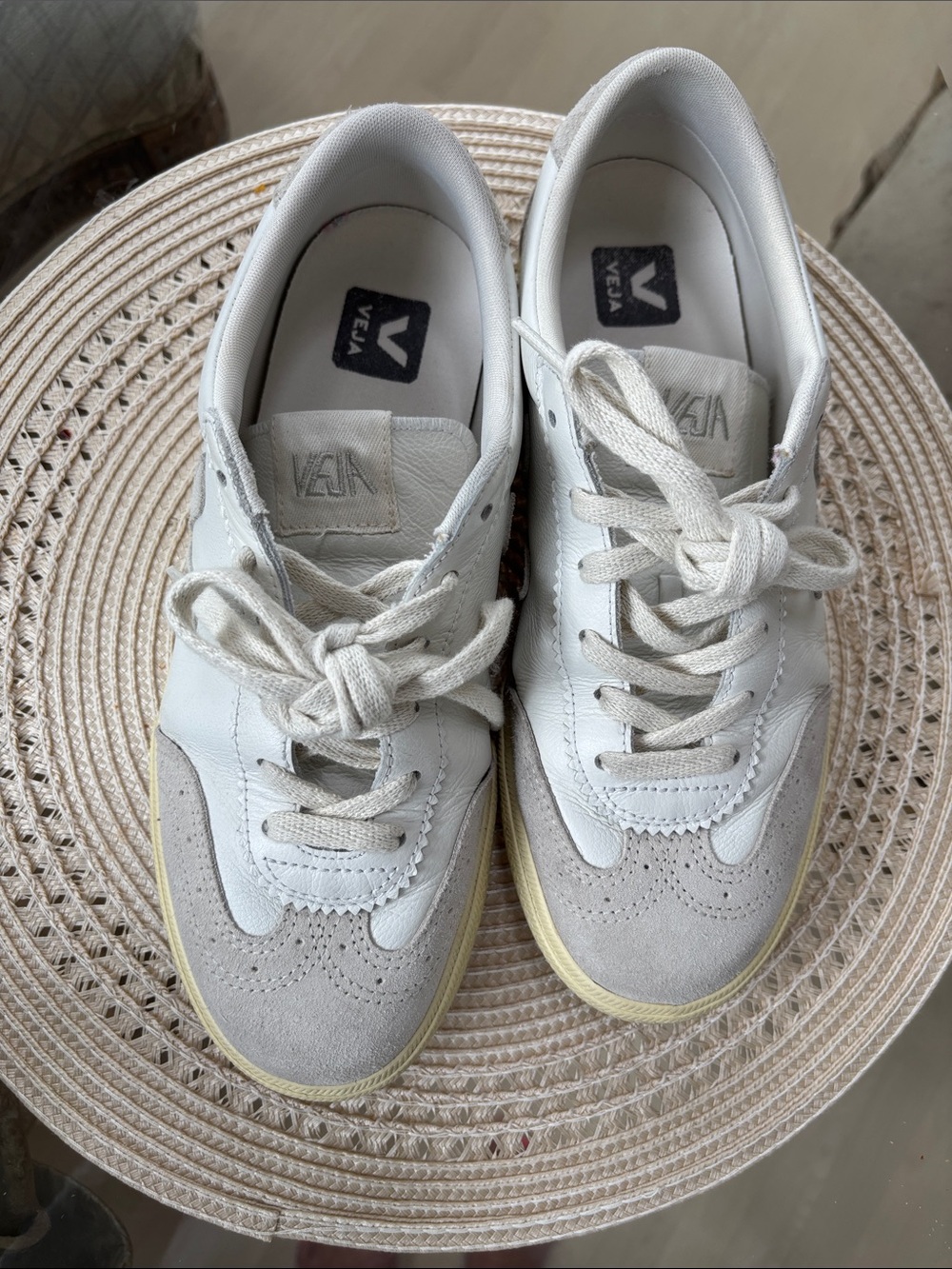 Veja Women’s White and Light Gray Suede-Trim Sneakers